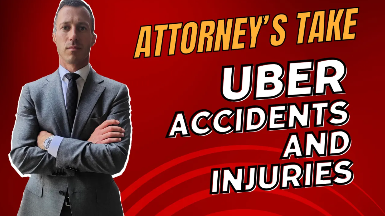 Man in front of red background, text reads, "Attorney's Take - Uber, Accidents, and Injuries. Image courtesy of author.
